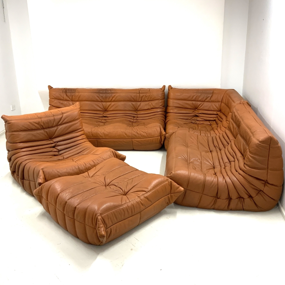 Set of vintage 3 and 2 seater sofa with pouffe Togo leather by Michel  Ducaroy for Ligne Roset