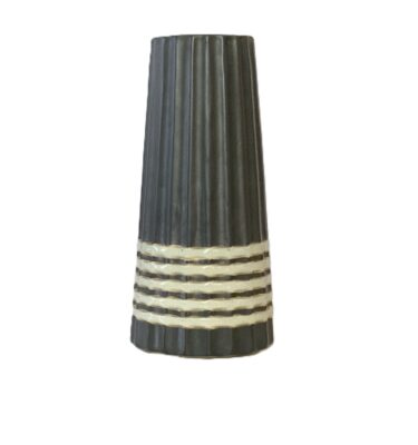 Midcentury Danish Ceramic Vase. Ribbed finish, grey with white and gold stripes.