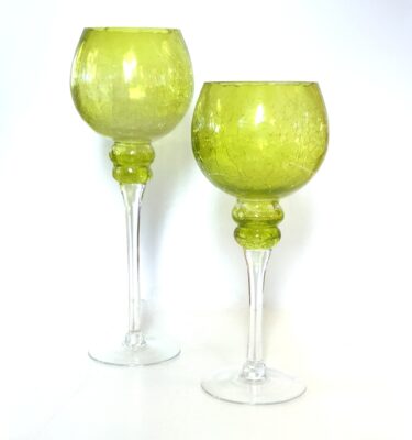 Green crackle glass decorative goblets. 2 available, priced individually.