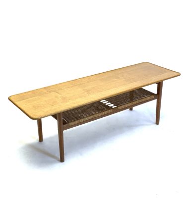 Hans Wegner for Andreas Tuck AT-10 Solid Oak Coffee Table with cane magazine shelf